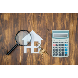 Magnifying glass calculator on table